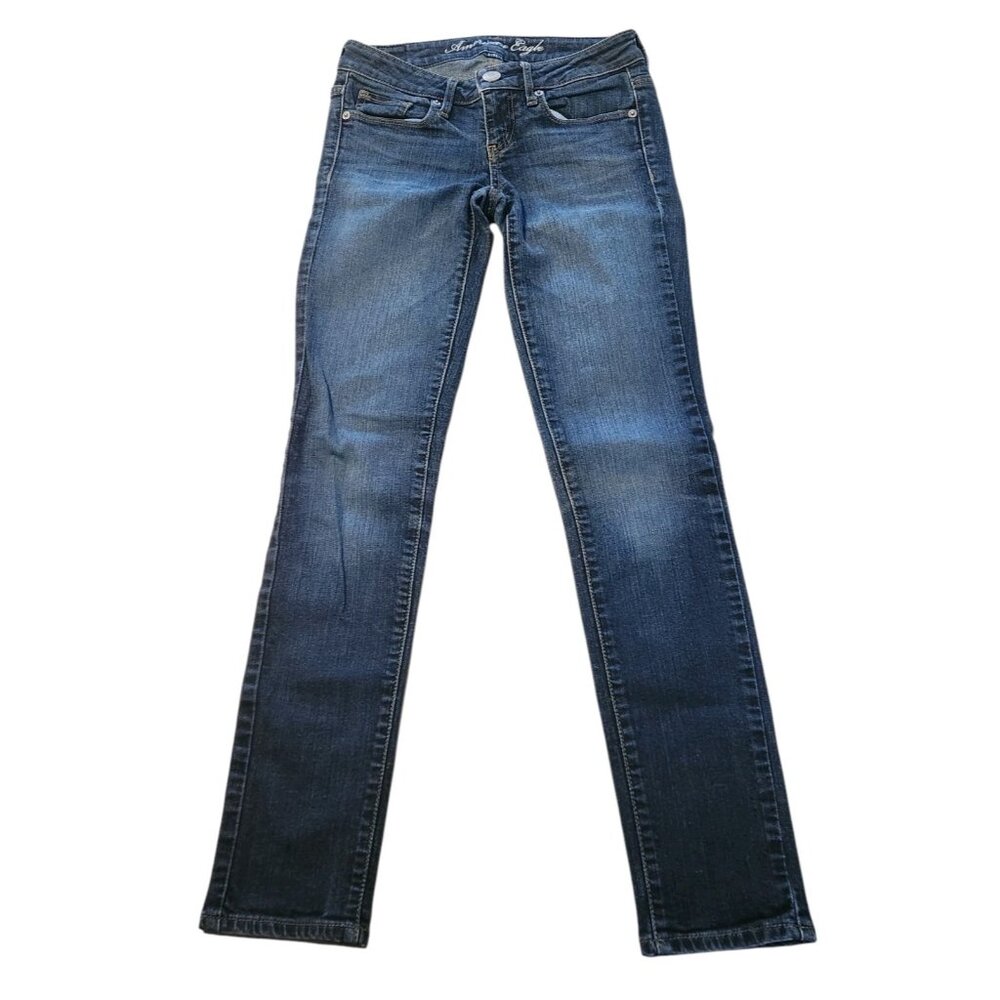 American‎ Eagle Jeans Stretch Skinny Blue Low Rise Denim Womens Size 0 26x28 EUC